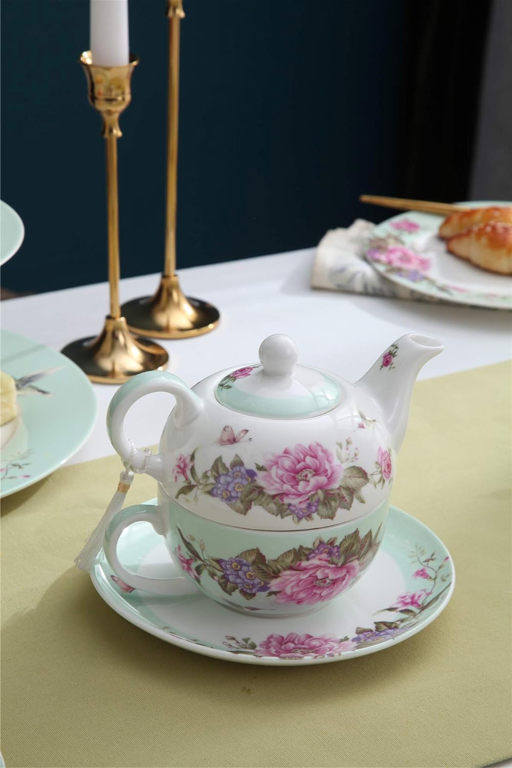 London Boutique Tea for one Teekanne Tasse Suacer Set Shaby Chic Flora Vogel Rose Schmetterling Porz