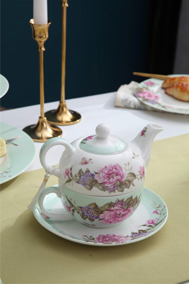 London Boutique Tea for one Teekanne Tasse Suacer Set Shaby Chic Flora Vogel Rose Schmetterling Porz