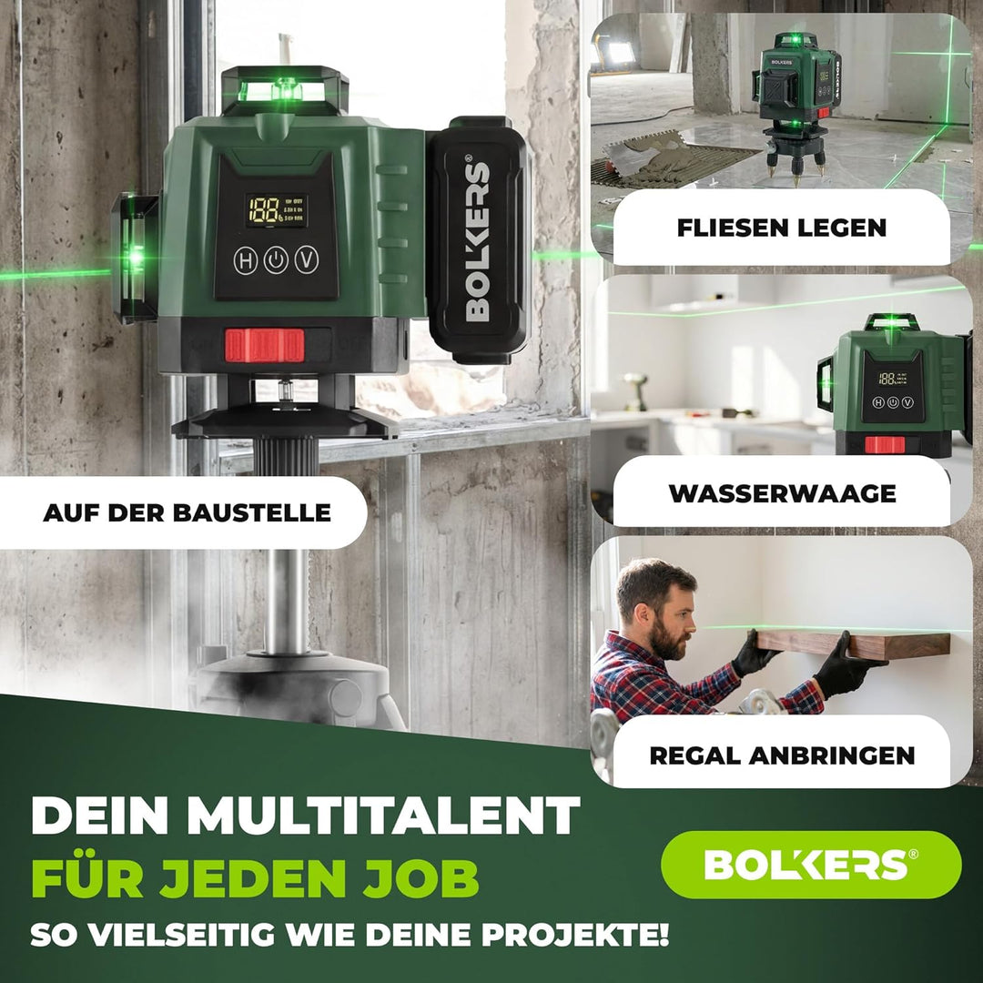 ProLaser 4x360° Kreuzlinienlaser mit Stativ – Grüner Selbstnivellierender Baulaser, 16 Linien, 2 Akk