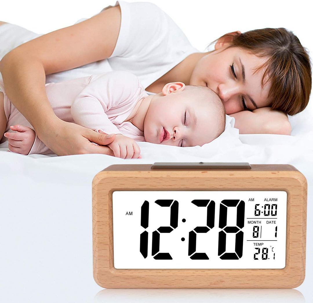 DTKID Wecker,Digital Wecker aus Holz Mit Grosser LCD Display Datum Und Temperatur Anzeige Mit Snooze
