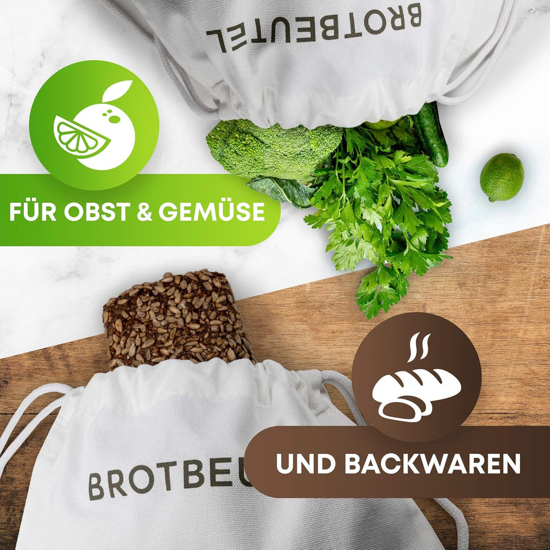 Brotbeutel XL [3er Set] 100% Natur Baumwolle - Brotsack für frische Brötchen & Grosseinkäufe - Hohe