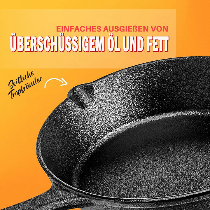 NutriChef Gusseisenpfanne Induktion – Cast Iron Pan, Cast Iron Skillet – Voreingebrante 3er Pan Set