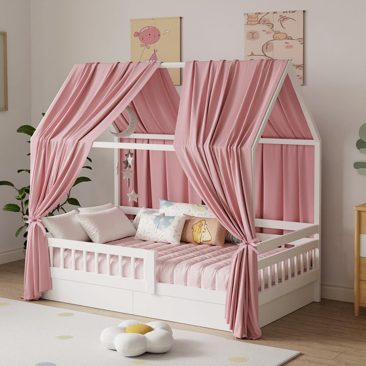 Hausbett Himmel, Betthimmel Hausbett Musselin mit 2 Stück Betthimmel, Stoffhimmel für Hausbett Mädch