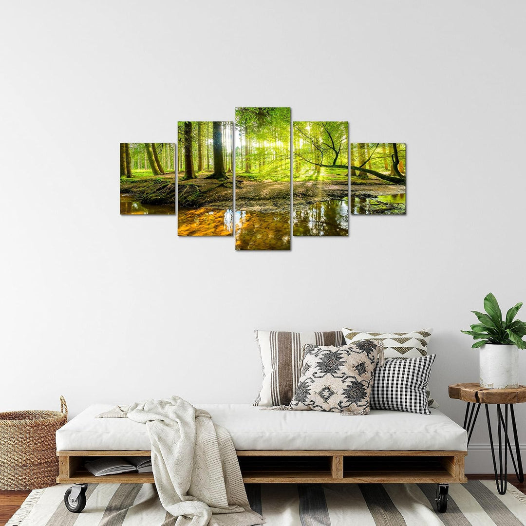 Runa Art Bild Schlafzimmer Wohnzimmer Wald Landschaft 5 Teilig Natur Grün Wandbilder auf Vlies Leinw