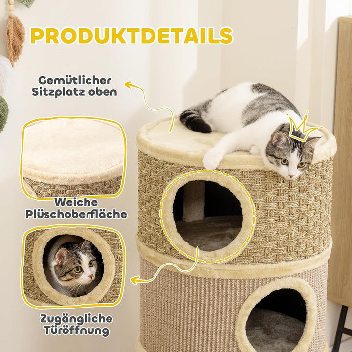PawHut Kratztonne für Katzen 79 cm Hoch Ø 45 cm Katzentonne mit 3 Etagen Sisalseil, Plüsch Katzenhöh
