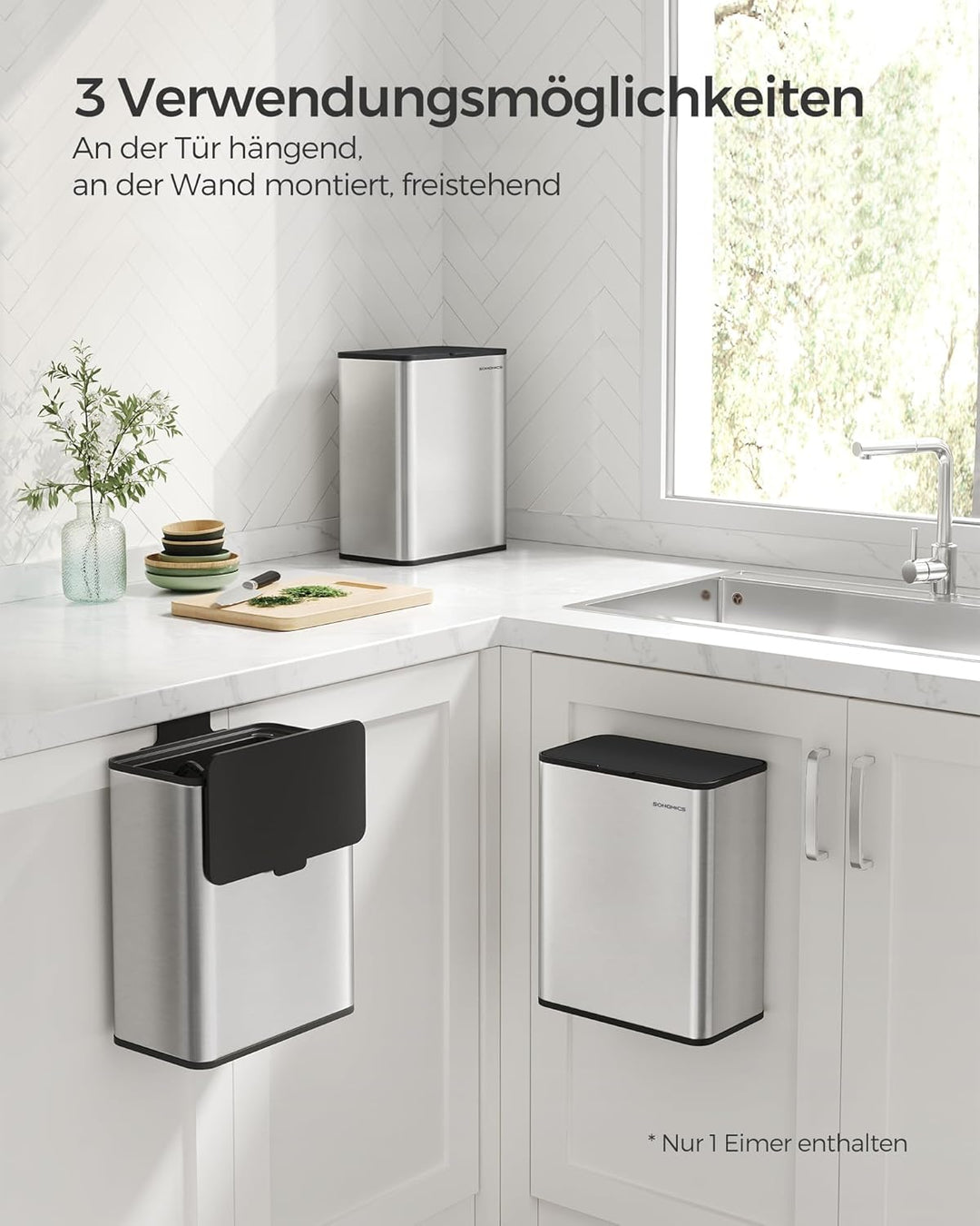 SONGMICS Mülleimer hängend, 8 L Komposteimer Küche, Stahl-Abfalleimer mit Deckel für Biomüll, mit Ha