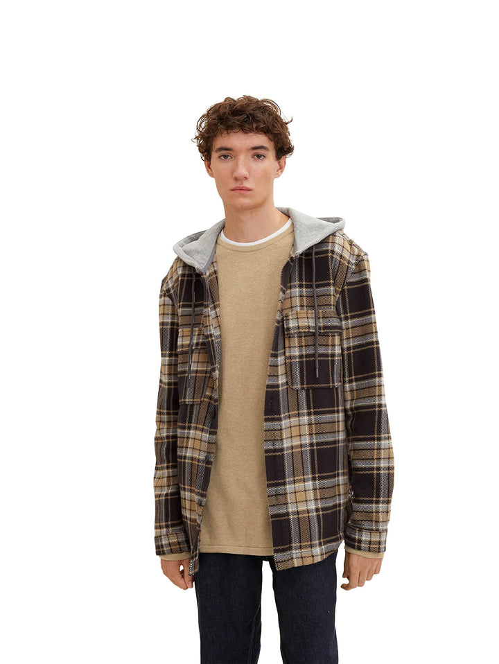 TOM TAILOR Denim Herren Overshirt mit Kapuze XS 30688 - Coal Grey Grey Beige Check, XS 30688 - Coal