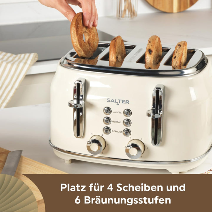 Salter Retro Toaster 4 Scheiben – Breite Schlitze, 6 Bräunungsgrad, Auftauen, Aufwärmen, Abbrechen F