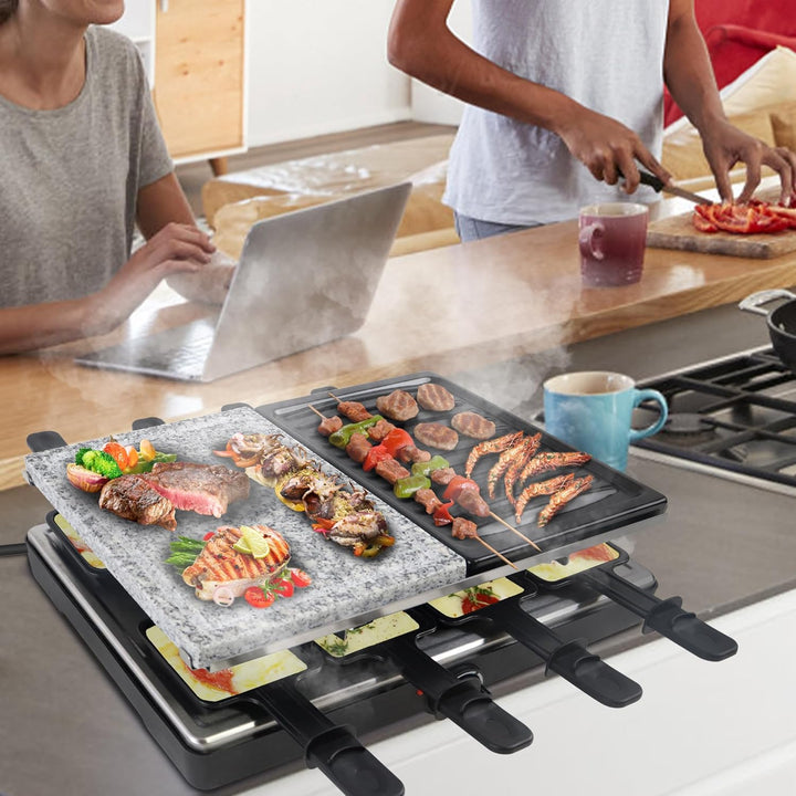 Froadp Raclette Grill mit Naturgrillstein und Grillplatte Antihaftbeschichtung Tischgrill Elektrisch