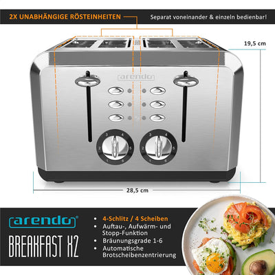 Arendo - Automatik Toaster 4 Scheiben in Edelstahl - bis zu Vier Sandwich und Toast-Scheiben - Bräun