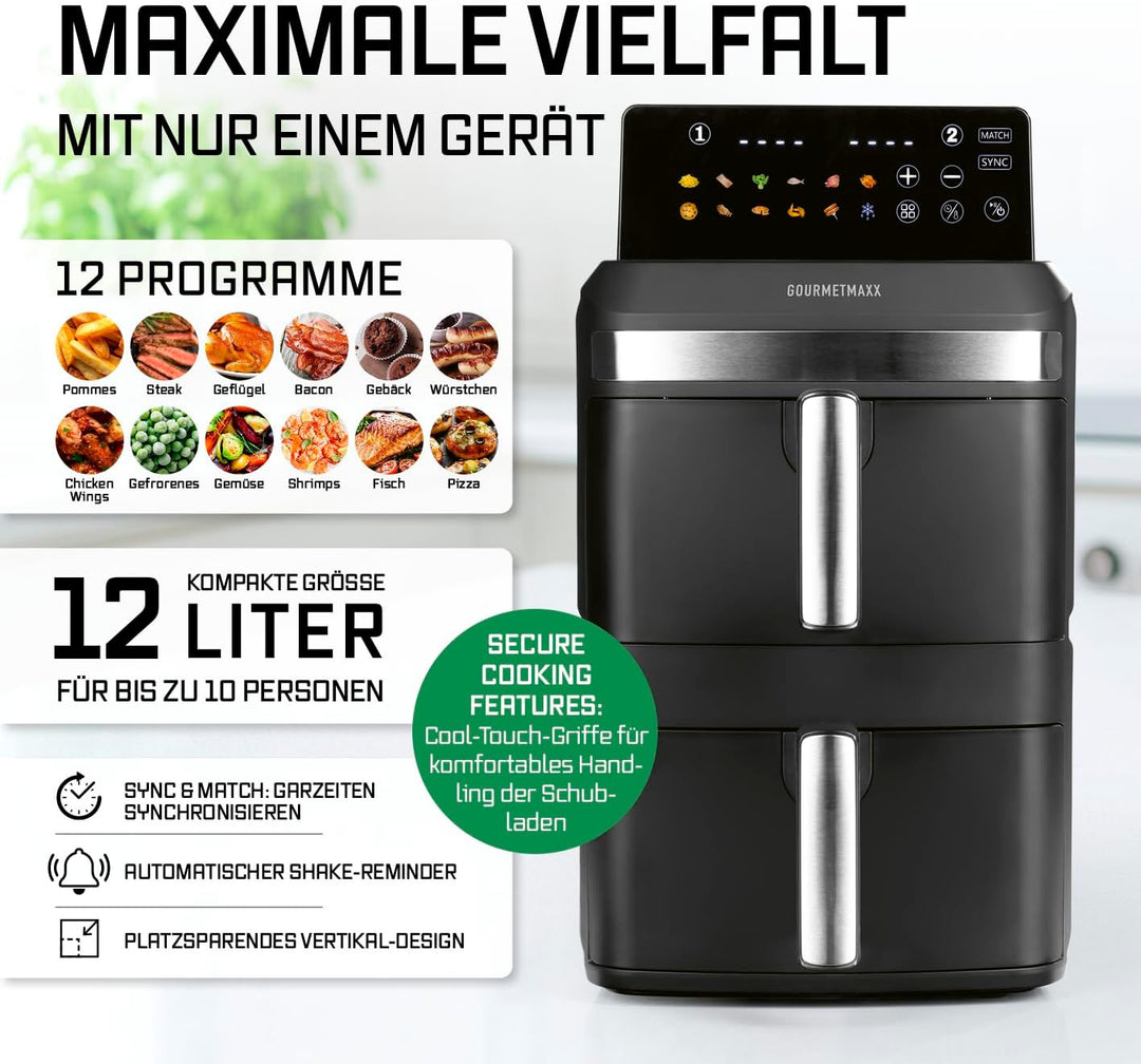 GOURMETmaxx FryUp XL vertikale Doppelkammer Heissluftfritteuse - 12 L | Airfryer mit Multi-Colour LE