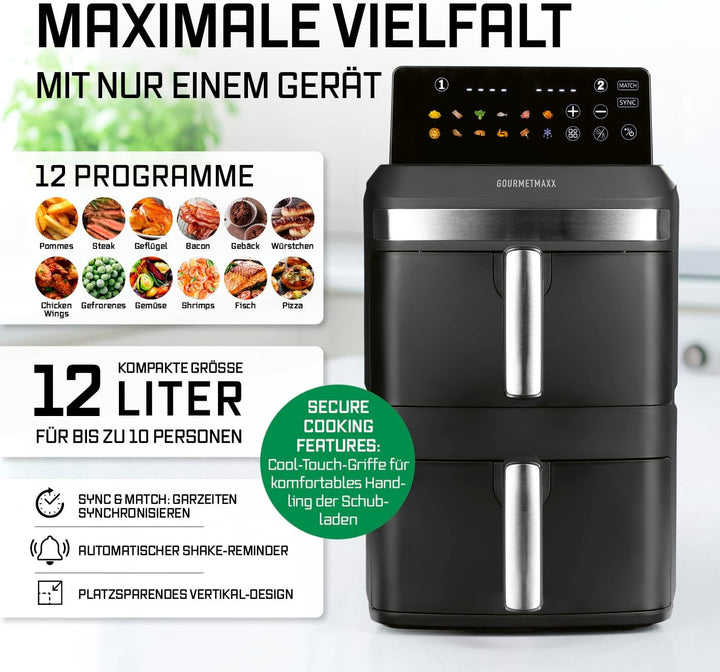 GOURMETmaxx FryUp XL vertikale Doppelkammer Heissluftfritteuse - 12 L | Airfryer mit Multi-Colour LE
