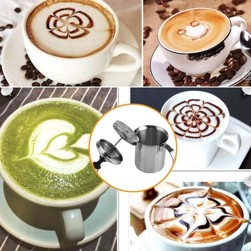 MAGT Milchaufschäumer Manuell, 800ml Edelstahl Milchschäumer Doppel Mesh Kaffeeschäumer Milchschaum