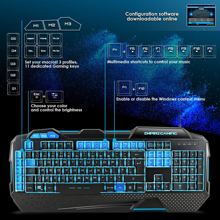 EMPIRE GAMING - Hellhounds PC Gaming Pack English- Keyboard Mouse Mousepad - Software programmable -