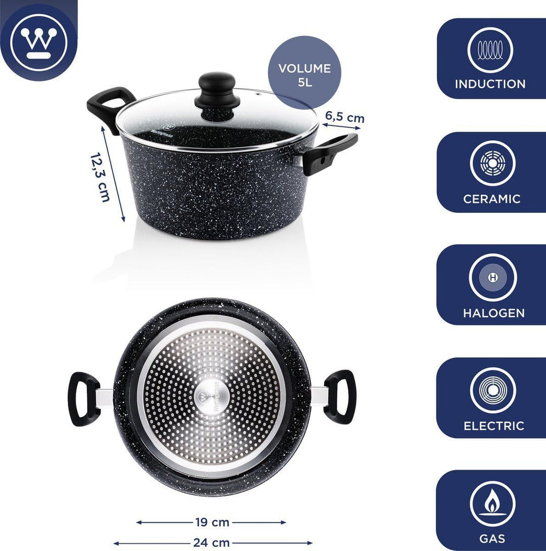 Westinghouse Pfannenset Induktion - Kasserolle 24cm & 28cm + Kasserolle 32cm - Schwarzer Marmor