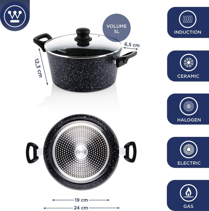Westinghouse Pfannenset Induktion - Kasserolle 24cm & 28cm + Kasserolle 32cm - Schwarzer Marmor