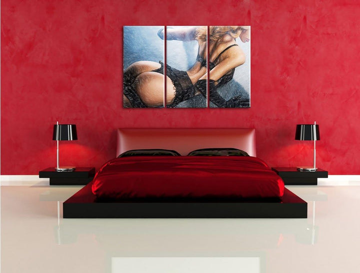 Pixxprint attraktive Frau in sexy Dessous / 3-Teilig/Gesamtmass 120cm Leinwandbild bespannt auf Holz