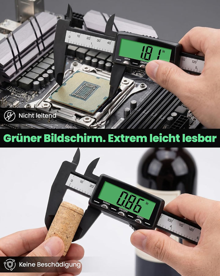HARDELL Kunststoff-Digitalmessschieber wiederaufladbar, 6 Zoll Messwerkzeug mit grünem LCD-Bildschir