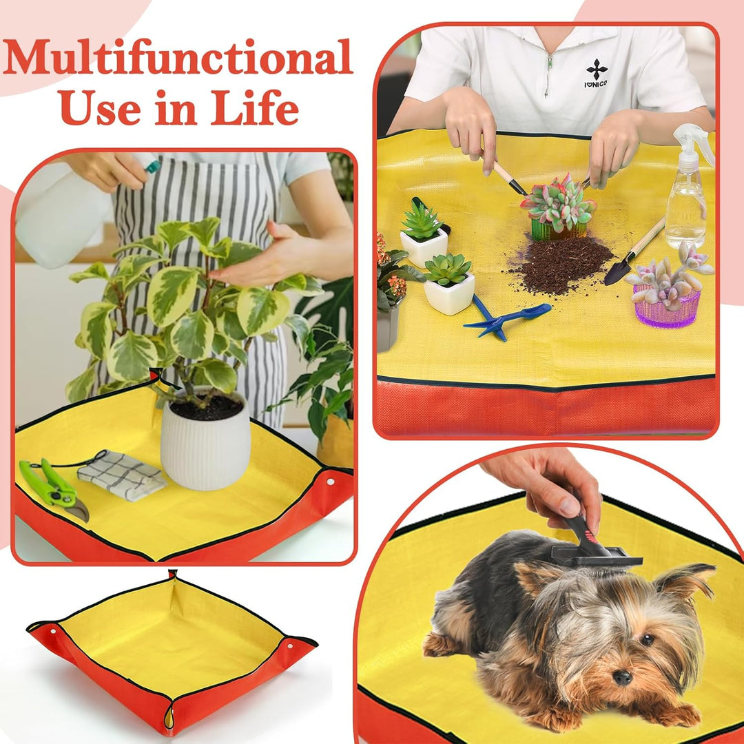 2 Stück Umtopfmatte zum Umpflanzen von Pflanzen, 99cm grosse Gartenmatte und 66cm orangefarbene Topf