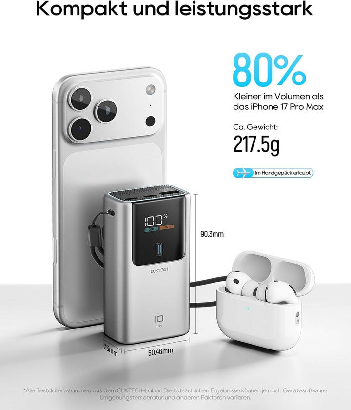 CUKTECH 10 Mini 55W Powerbank Schnellladung, 10000mAh(2S1P) tragbarer Ladegerät USB-C EIN- und Ausga