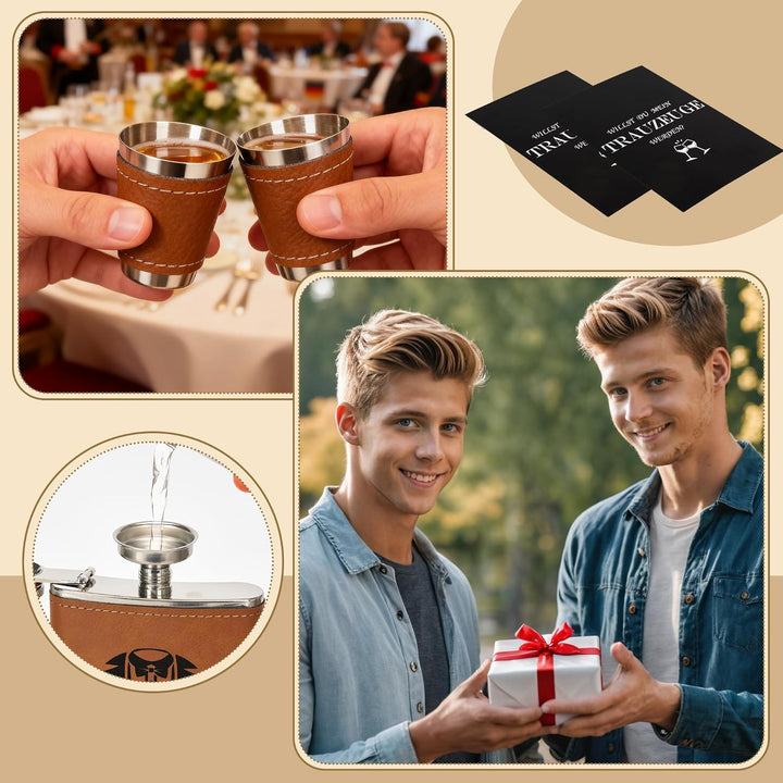 Flachmann mit Gravur 8oz Edelstahl Geschenkset für Trauzeuge und Trauzeugin, Schwarze Geschenkbox mi