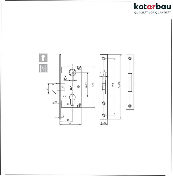 KOTARBAU® Hakenschloss Schiebetore Einsteckschloss 72/40 Schiebetürschloss Hakenfallenschloss Verzin