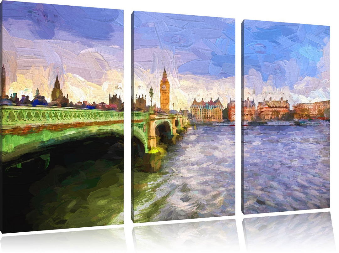 Pixxprint Big Ben mit Brücke in London Pinsel Effekt 3-Teiler Leinwandbild 120x80 Bild auf Leinwand