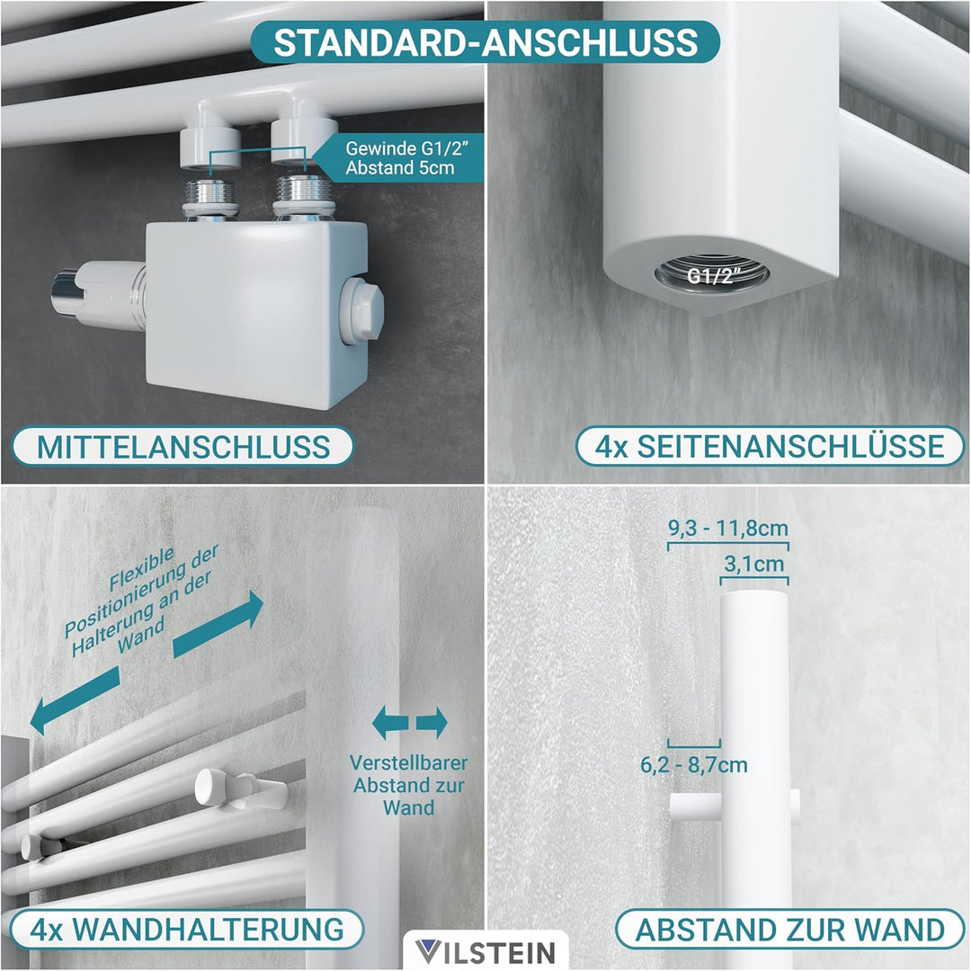 VILSTEIN Badheizkörper | 700x500 mm | Weiss | Seitenanschluss und Mittelanschluss | Flachheizkörper