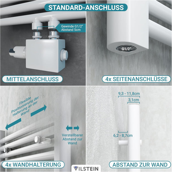 VILSTEIN Badheizkörper | 700x500 mm | Weiss | Seitenanschluss und Mittelanschluss | Flachheizkörper