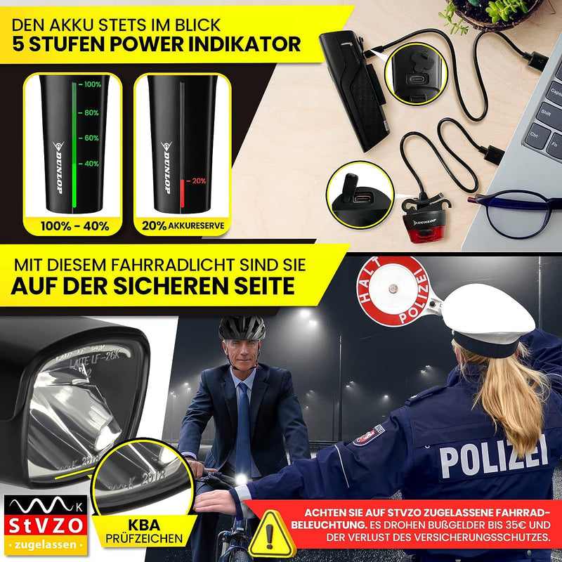 Dunlop Sports Fahrradlicht Set Fahrrad Licht - Extra helles LED mit Hochleistungs Akku - Fahrradbele