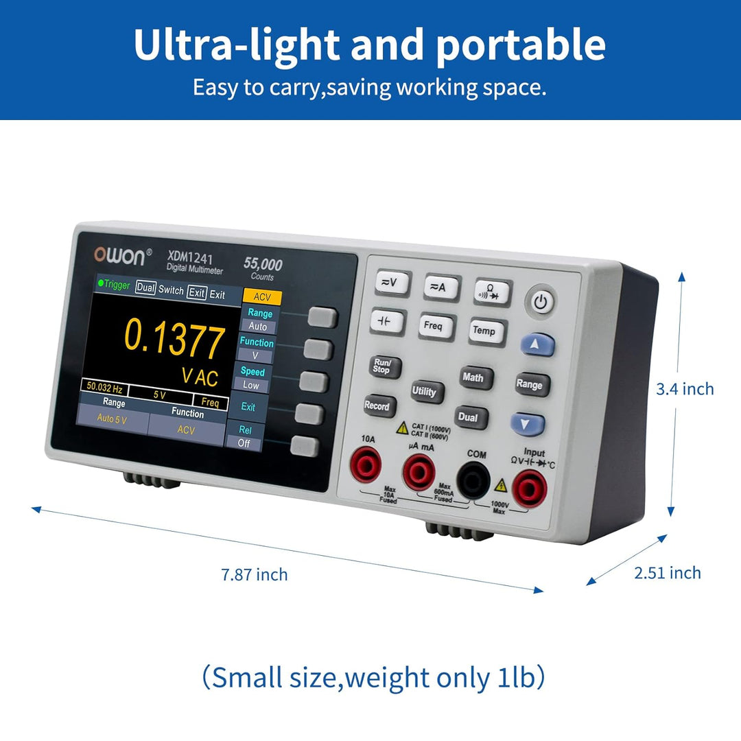 OWON XDM1241 Tragbares Tischmultimeter mit 3,5 Zoll 55.000 Count True RMS Ultraleicht Mit Lithium-Ba
