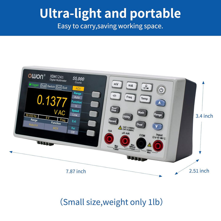 OWON XDM1241 Tragbares Tischmultimeter mit 3,5 Zoll 55.000 Count True RMS Ultraleicht Mit Lithium-Ba