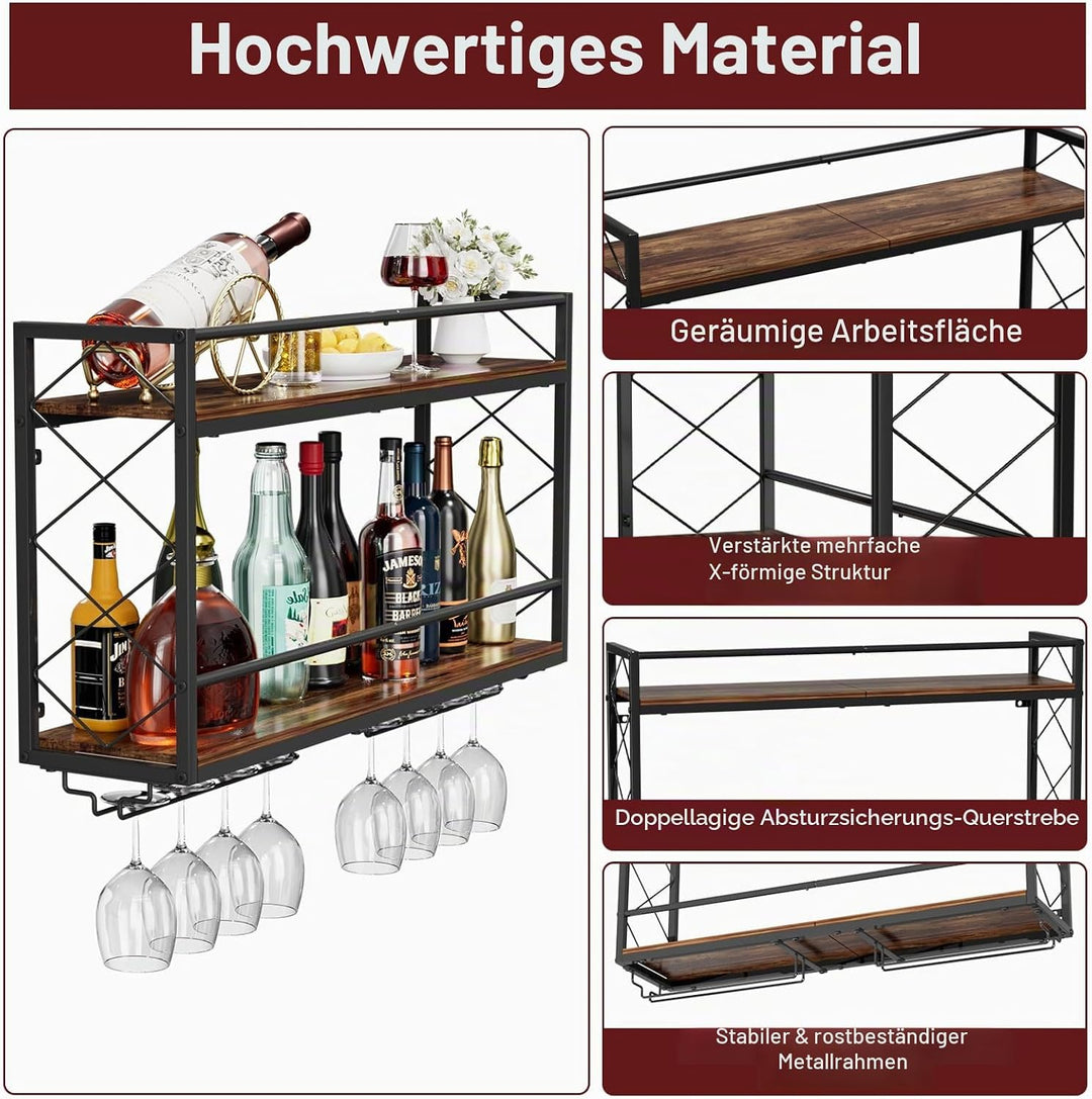 Weinregal, Wandhalterung, 2 Etagen, Wand-Weinregal mit Glashalter, Anti-Drop-Querstange, 80 cm, Meta