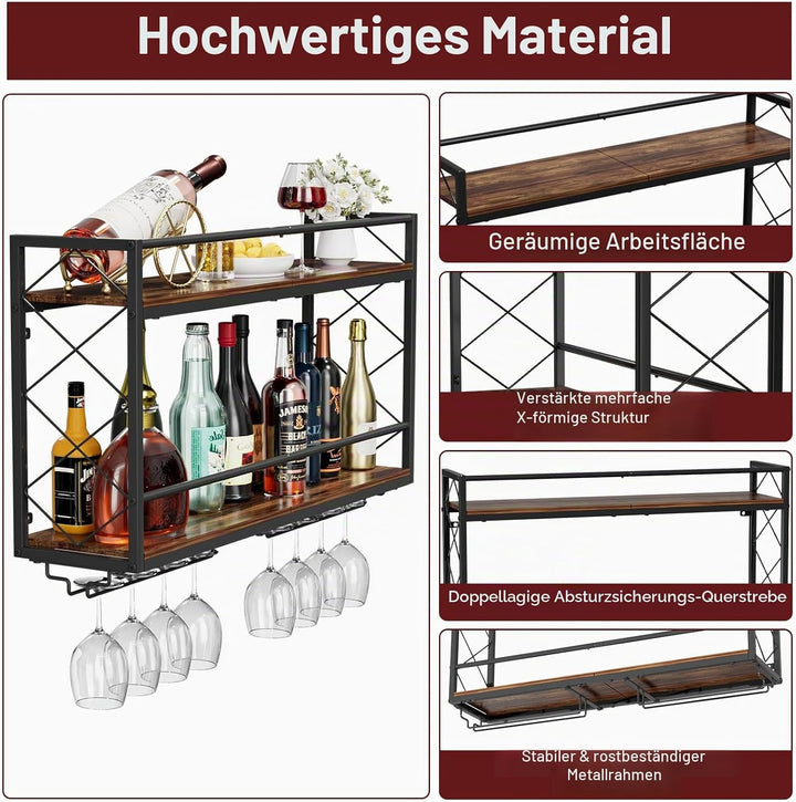 Weinregal, Wandhalterung, 2 Etagen, Wand-Weinregal mit Glashalter, Anti-Drop-Querstange, 80 cm, Meta