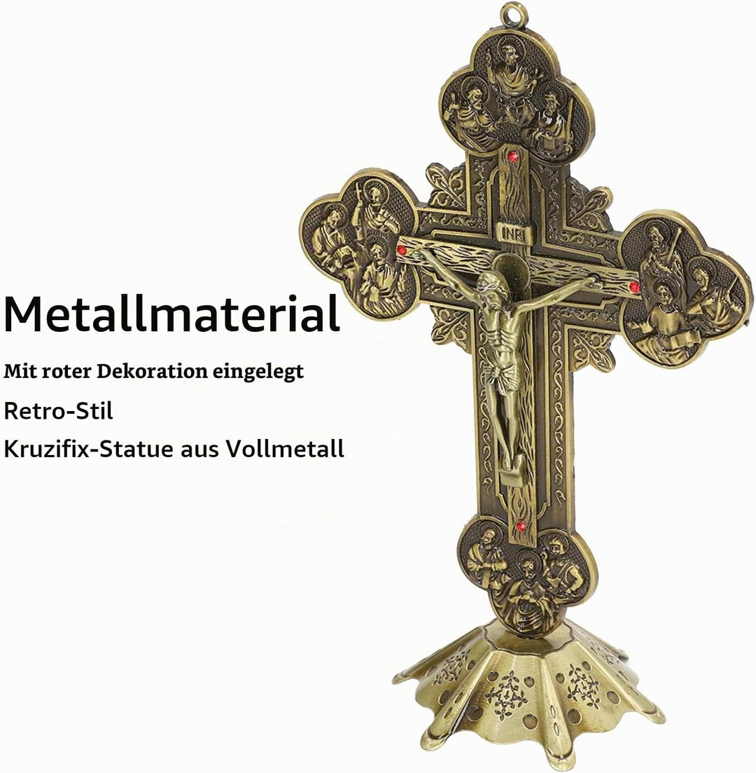 Stehendes Kruzifix, Fürbitte, Wand- und Tischkreuz, Kruzifix mit Eingelegtem Rotem Vintage-Metallmat