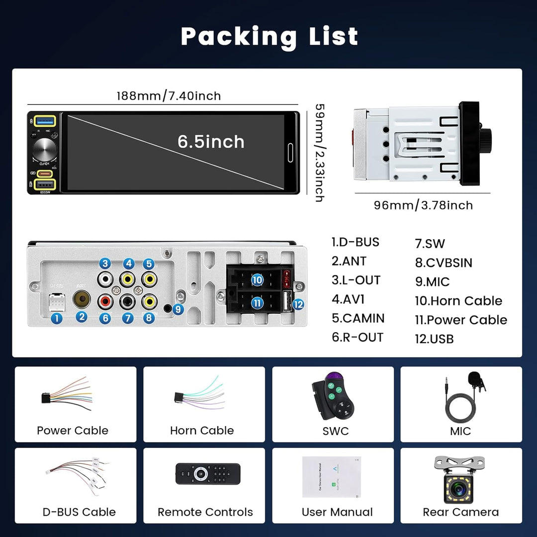 Hikity FM/AM/RDS Radio 1 Din Autoradio Carplay Android Auto Kabelgebundenes 6.5 Zoll Incell Touchscr