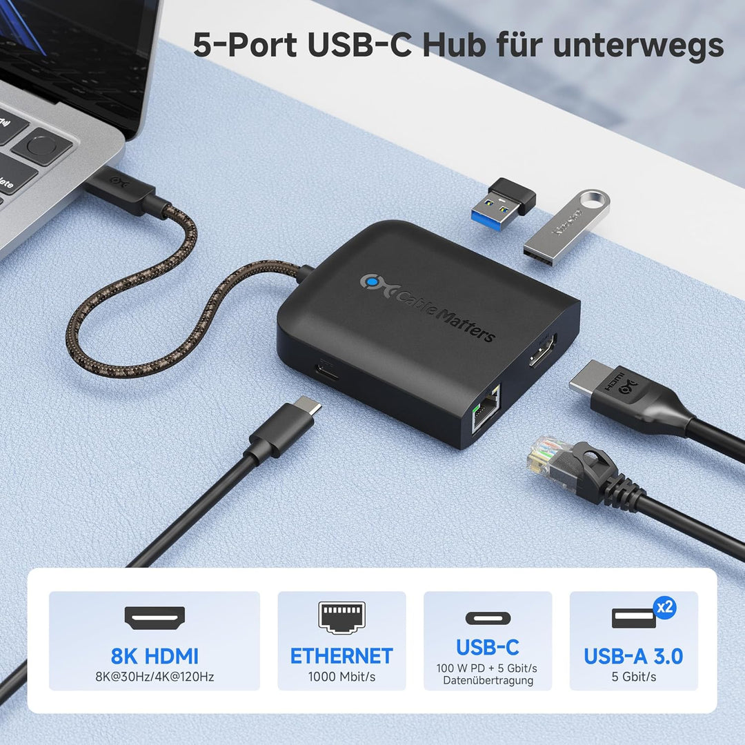 Cable Matters 8K HDMI USB C-Hub (USB-C HDMI Dock 4K bei 120 Hz) mit 2X USB 3.0 Ports, Gigabit Ethern