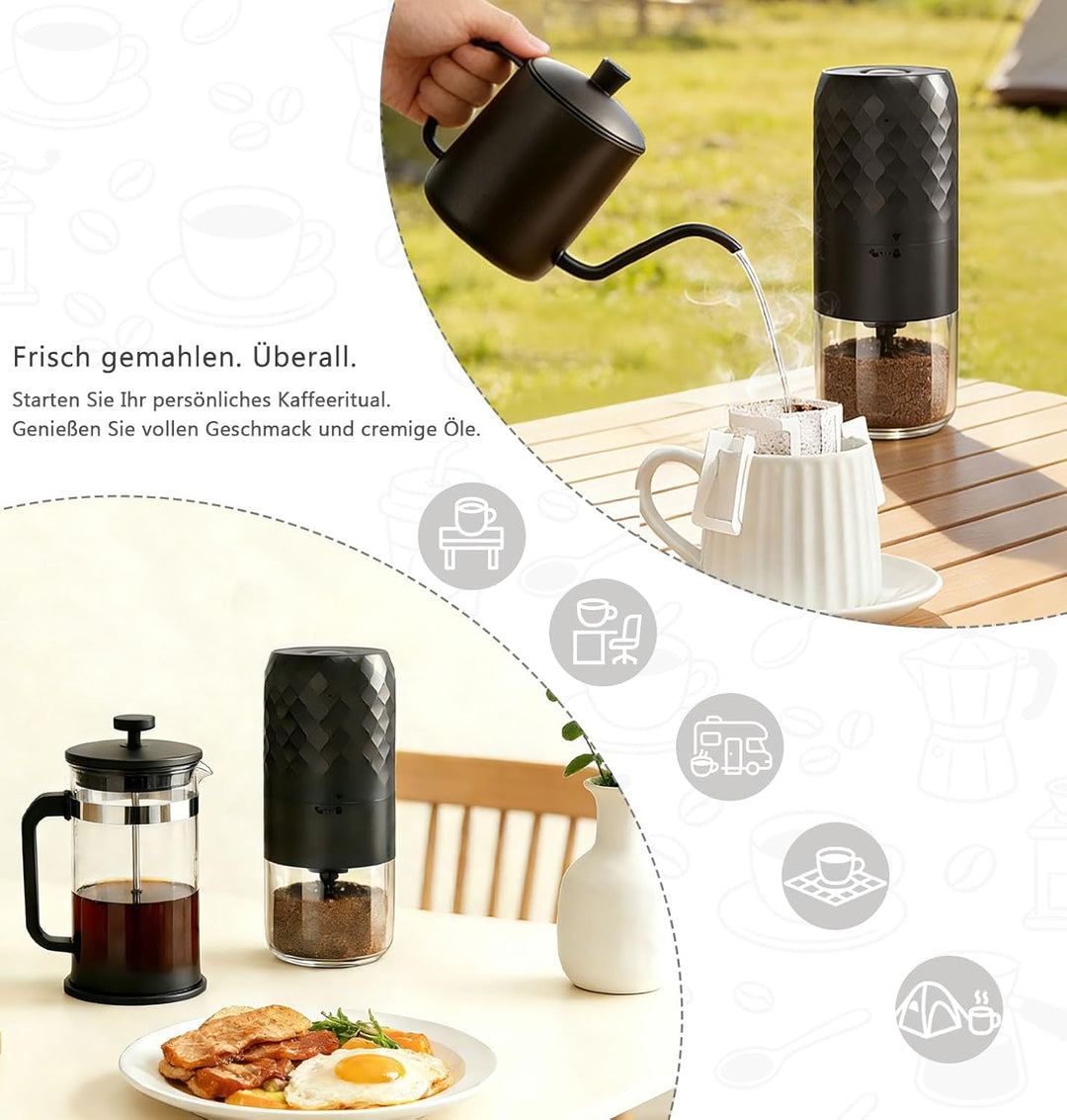 Elektrische Kaffeemühle Tragbar - Kegelmahlwerk mit 5 einstellbaren Mahlgraden, USB-C-Schnellladung