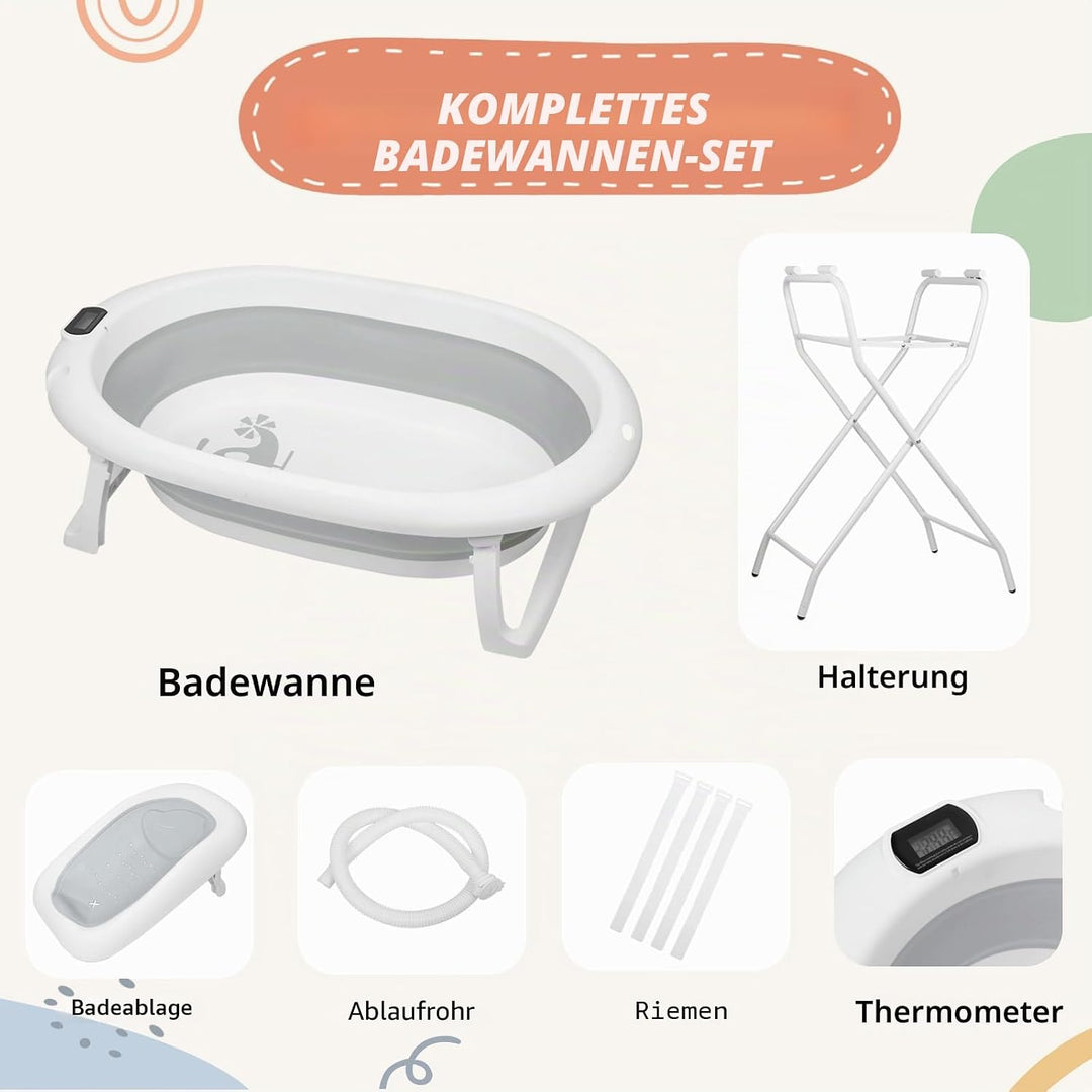 Faltbare Babybadewanne XXL mit Ständer, Sitz und Entwässerungssystem, 0-3 Jahre, 2-in-1 Babybadewann