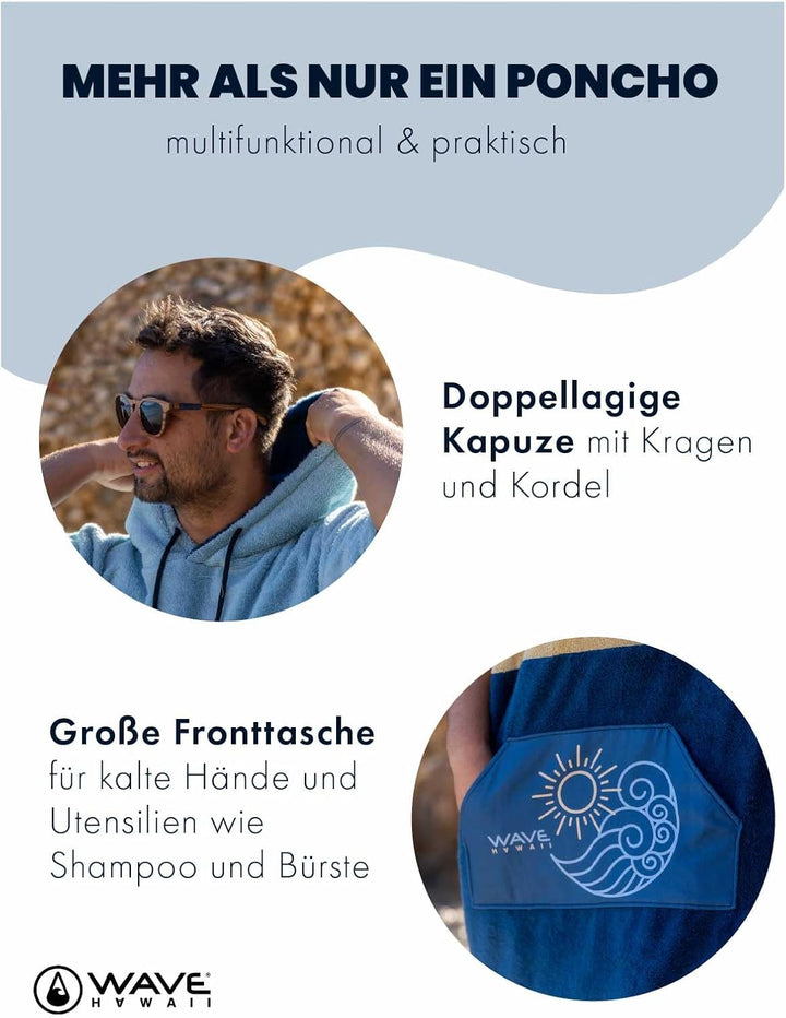 WAVE HAWAII Barravento Surfponcho für Körpergrössen 160-190 cm Poncho 100% ÖKO Baumwolle Velours Umk