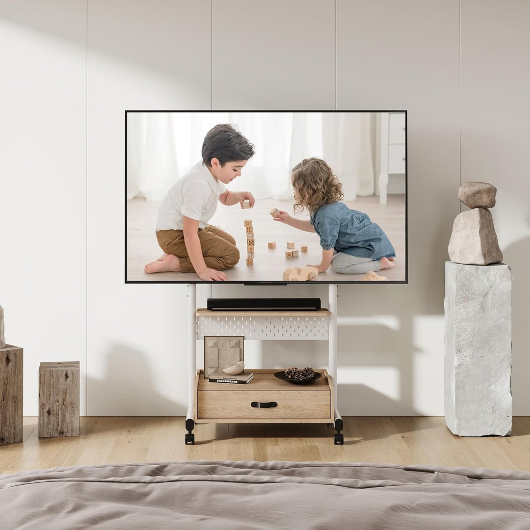 FITUEYES TV Ständer Rollbar Höhenverstellbar, Fernsehständer mit Rollen Schublade Ablage Lochwand, T