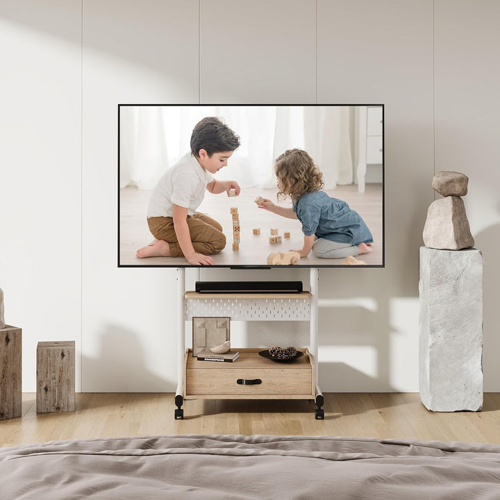 FITUEYES TV Ständer Rollbar Höhenverstellbar, Fernsehständer mit Rollen Schublade Ablage Lochwand, T