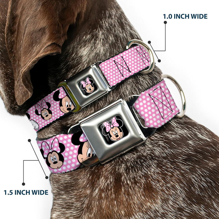 Buckle-Down Seatbelt Buckle Dog Collar - Minnie Mouse Expressions Polka Dot Pink/White - 1" Wide - F