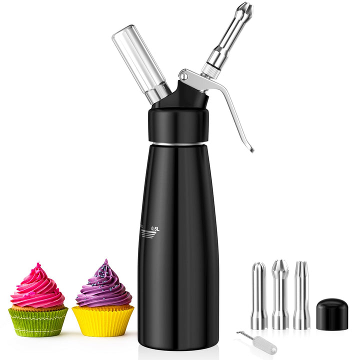Newaner 500ml sahnespender, Sahnesyphon Aluminium mit 3 Edelstahl Deko-Düsen und 1 Reinigungbürste,