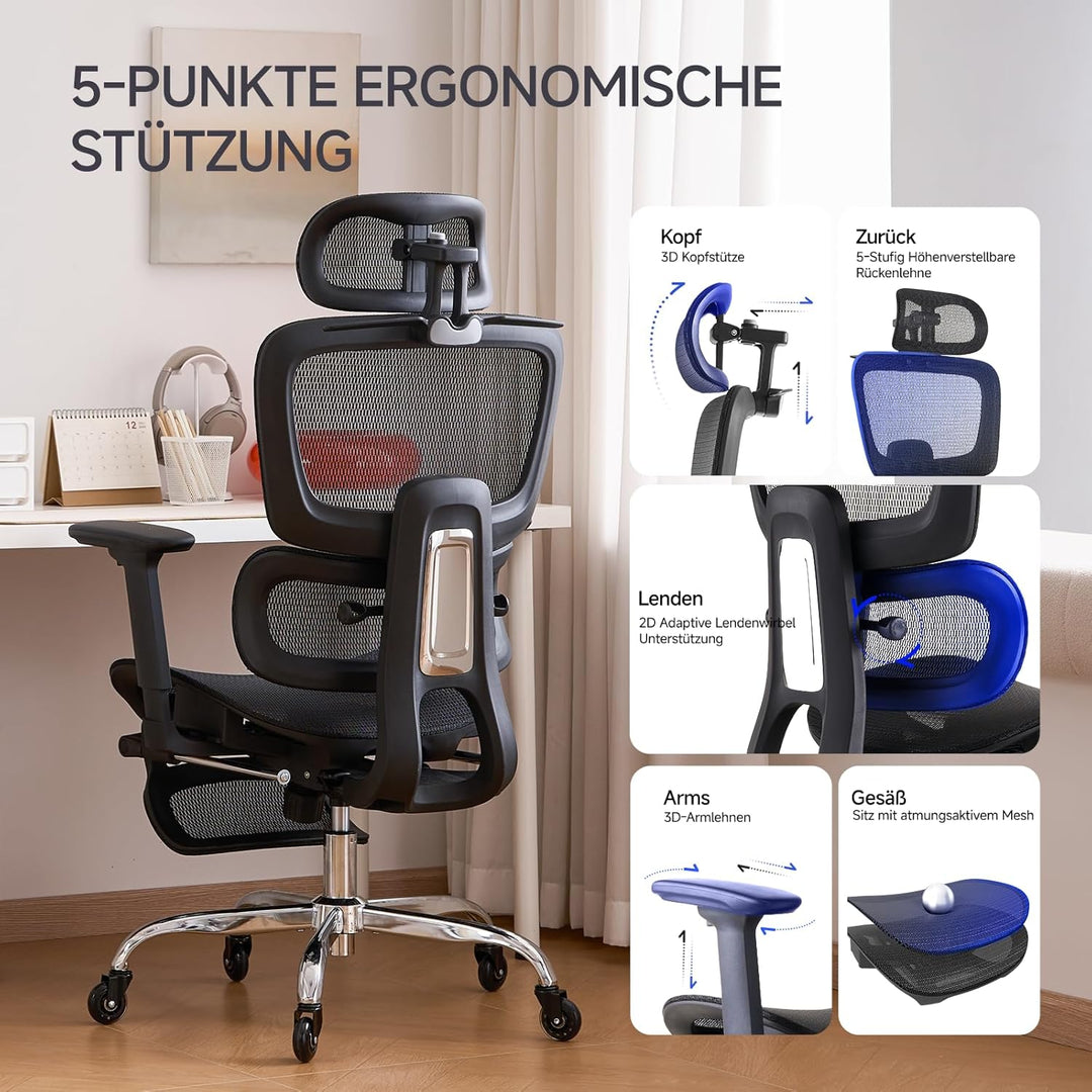 Ergonomischer Bürostuhl mit Fussstütze &amp; Nackenkissen, 5-Fach Höhenverstellbare Rückenlehne, 2D Lord