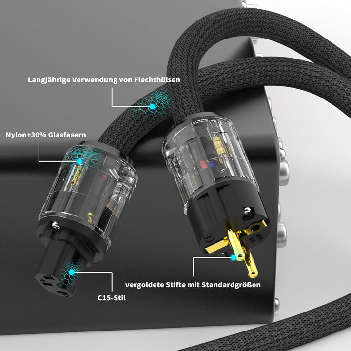Monosaudio High End Netzkabel, 2M Audiophil Stromkabel OFC Kupferabschirmung, 2 polig AC HiFi Kaltge
