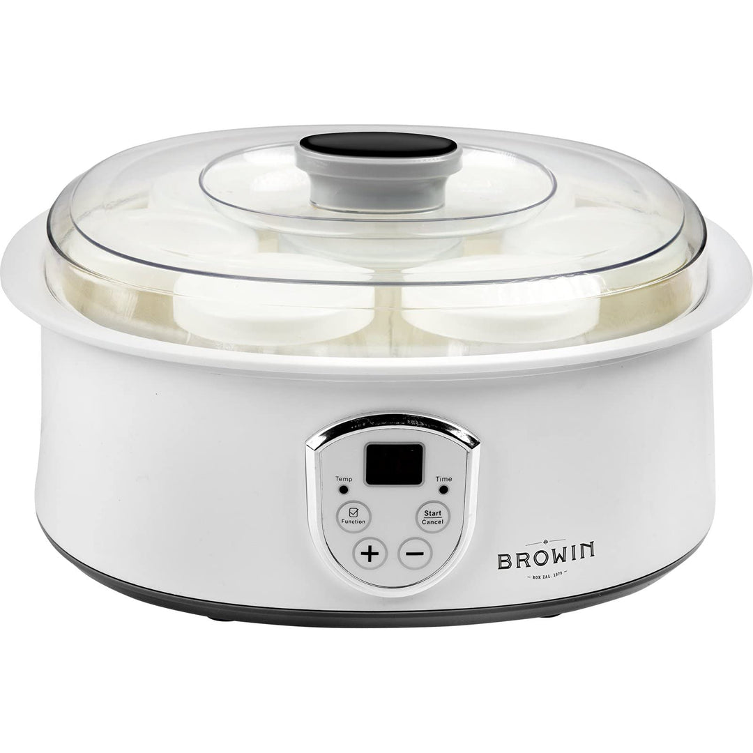 Browin 801015 Joghurtbereiter, Joghurtmaschine mit Thermostat und Gläsern, 7 Joghurtgläser mit Decke