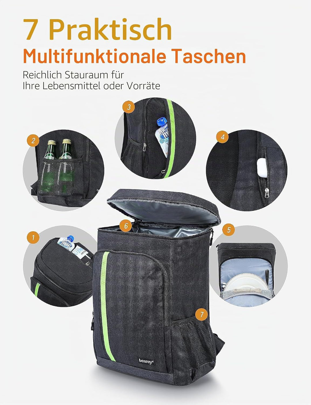 besrey Thermo-Rucksack, 30 l, Thermo-Rucksack, isoliert, hält Lebensmittel warm oder kalt, für Campi