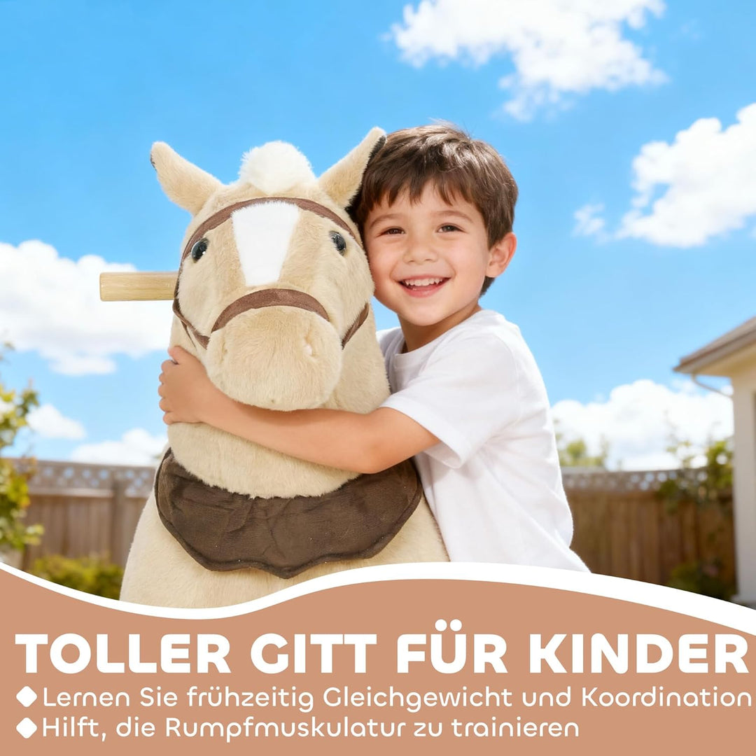 AIYAPLAY Reitpferd, Spielpferd zum Reiten mit Sattel Rollen, 80 cm Stehpferd, Plüschpferd für Kinder