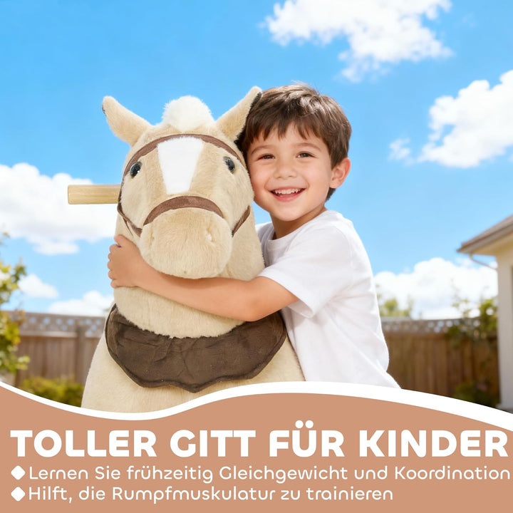 AIYAPLAY Reitpferd, Spielpferd zum Reiten mit Sattel Rollen, 80 cm Stehpferd, Plüschpferd für Kinder
